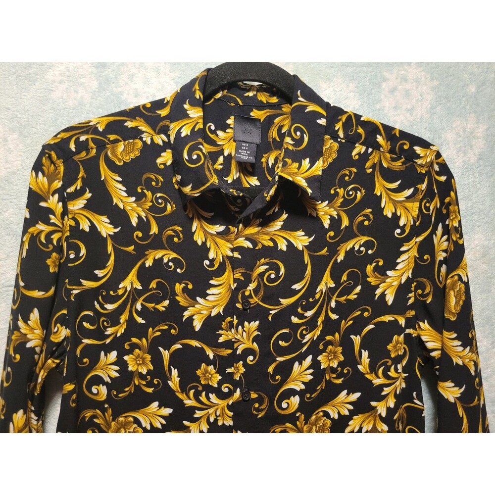 H&M Men's Small Shirt Black Gold Baroque Button Hip Hop Rap Fancy Club Rave